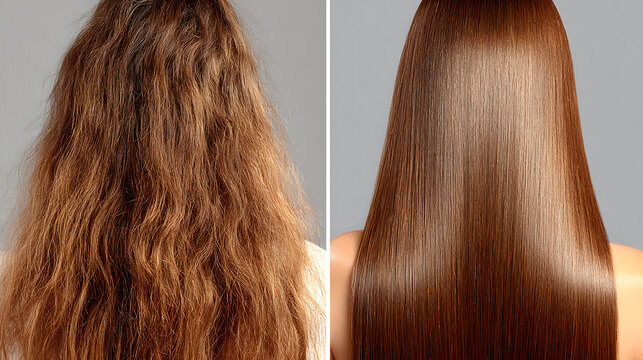 Elegant photo of Before and after keratin straightening hair treatment for frizzy hair