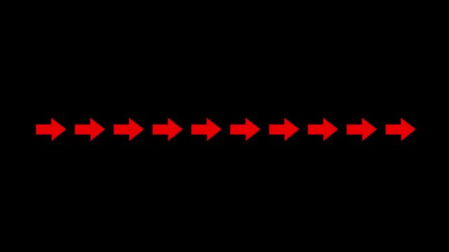 Abstract directional arrow bouncing rightward against a stark three dimensional swipe slide right animation on a black background. animation.