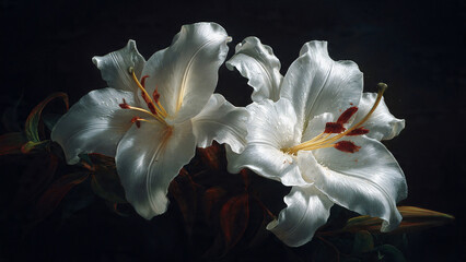 white lilies on dark background 