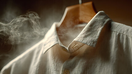 Steaming white shirt on hanger