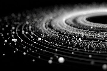 A monochrome abstract composition with concentric lines and scattered light particles on a black background. 
