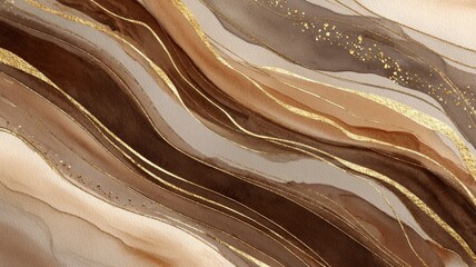 Luxurious marble texture blends brown, white, and gold. Fluid design suggests elegance and sophistication. Earthy tones evoke warmth and opulence. Neural network AI generated