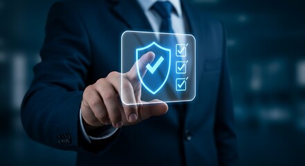 Businessman interacting with virtual security shield and checkmarks on screen