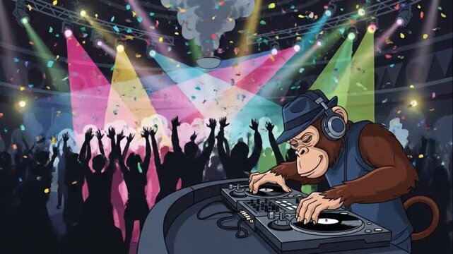 Funny Monkey DJ Spins Records At Nightclub Party