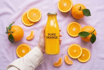 Hand holding a glass bottle of fresh orange juice with pure orange text, surrounded by whole oranges and sliced oranges arranged on a light purple background