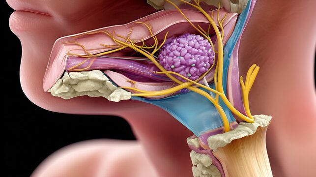 Flat ENT illustration of salivary gland tumor showing parotid gland facial nerve path tumor mass muted color anatomical accuracy educational graphic