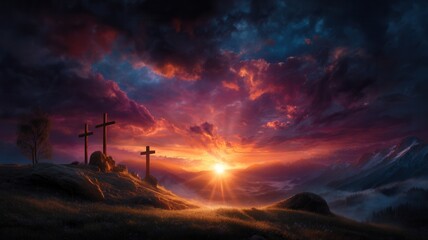 Three crosses on a hill with a dramatic colorful sky, symbolizing sacrifice, resurrection hope