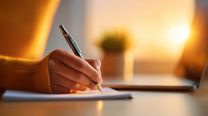 Person hand writing notes with fountain pen in notebook, capturing ideas, studying or growth business planning