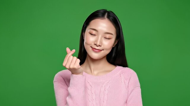 Portrait of Asian Woman Making Finger Heart Gesture representing K-Culture and Fan Engagement