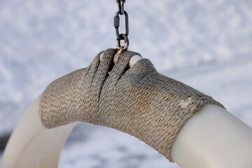 Lifebuoy hanging on a chain in a snowy environment, waiting for adventurous souls on a chilly day