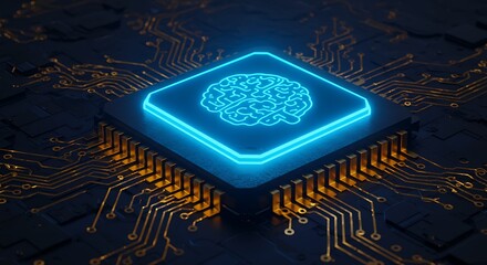 Glowing blue brain symbol on electronic circuit board component closeup