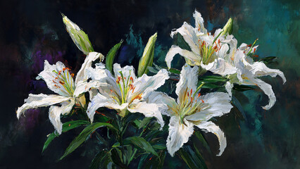 white lilies on dark background 