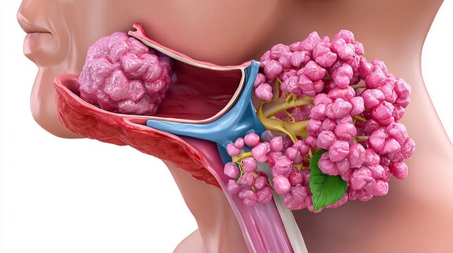 Flat realistic diagram of salivary gland tumor showing parotid gland anatomy tumor mass minimal clean vector design medical clarity
