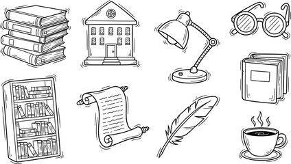 Academic Doodle Icons. Hand-drawn doodle illustration Academic discipline [open book, notebook, pencil, ruler, graduation cap, checklist, alarm