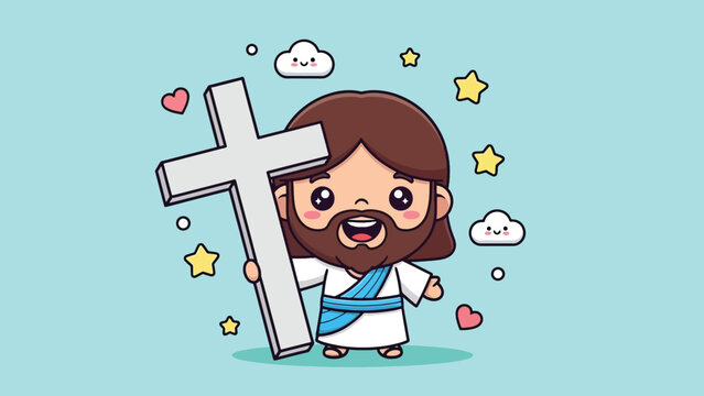 Cute Cartoon Jesus Christ Holding Cross
