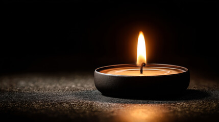 Close-up of burning candle in dark environment with soft glow  
