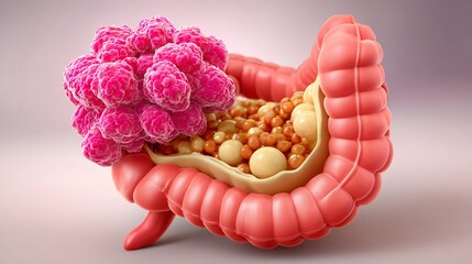 Flat realistic illustration of ascending colon tumor showing colon segment localized mass simple gradients medical textbook clarity