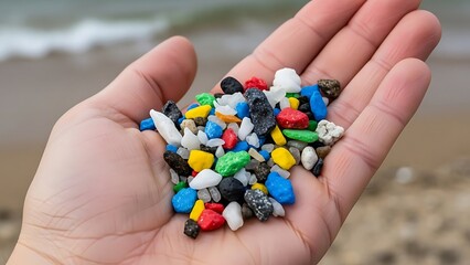 Hand holding colorful plastic microplastic debris from ocean pollution