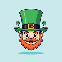 Fototapeta premium Cute Leprechaun Head Wearing Green Hat with Shamrocks.