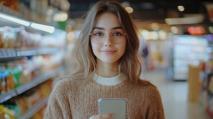 A girl wearing glasses and holding a phone smiles against the atmospheric backdrop of a supermarket, perfectly conveying the everyday ease of shopping for mobile app advertising.