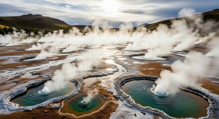 Geothermal area with hot springs and steam rising from the earth
