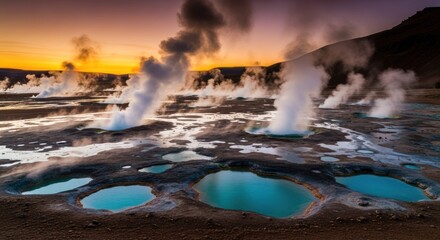 Geothermal area at sunrise with pools of blue water and steam rising