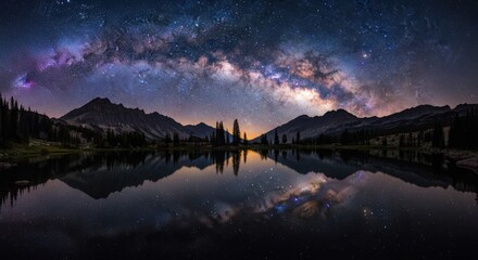 Milky Way over mountains reflected in calm lake at night