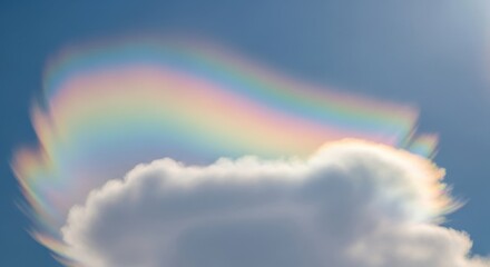 Iridescent cloud in bright blue sky, atmospheric optical phenomenon