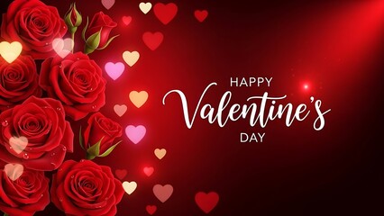 Romantic Valentine's Day composition with red roses and glowing floating hearts on a dark red gradient background