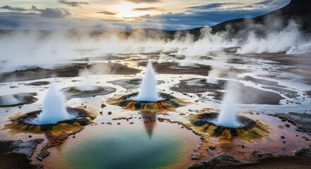 Geothermal area with hot springs and geysers in a landscape.