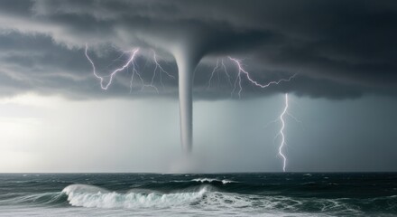 Waterspout touching ocean with lightning during a severe storm