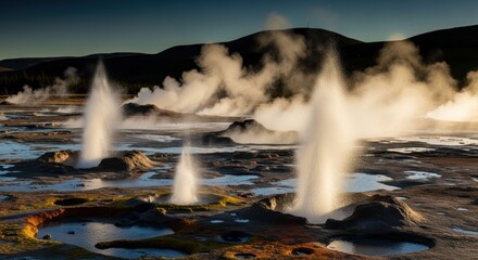 Geothermal landscape with geysers and steam rising at sunrise