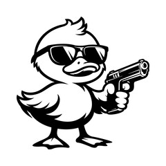 Cool Duck Wearing Sunglasses Holding Gun Black and White Illustration for Mascot, Street Style, Attitude Character and Bold Graphic Design
