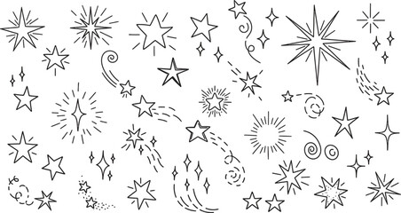 Large set of hand drawn black stars in various doodle styles including sparkles, swirls, and shooting stars, creating a whimsical and playful decorative element © CreatAr8