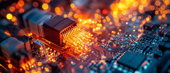 Bright light signals on a microchip with blurred bokeh create a sense of technological breakthrough — suitable as a dynamic background for IT conferences or advertising electronic devices.