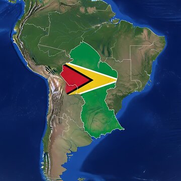 Guyana map highlighted with its flag on south america continent realistic 3d illustration