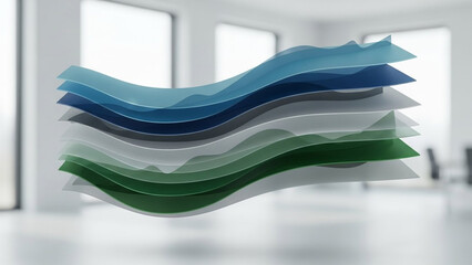 A colorful, layered, wavy design element floats in a modern, white room with large windows.