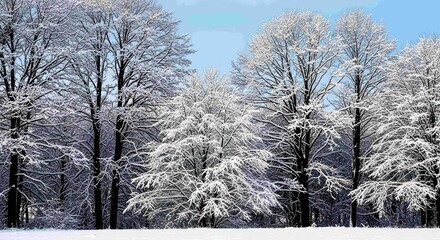Snow covered trees against a pale blue winter sky