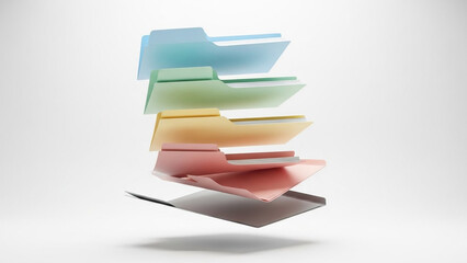 A stack of colorful folders floating in the air on a white background