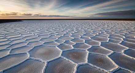 Salar de Uyuni salt flats with hexagonal pattern at sunrise