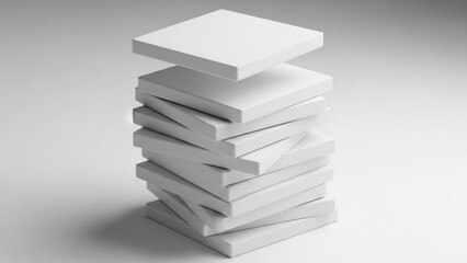 A stack of white blocks precariously balanced on a plain surface