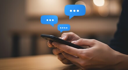 person holding smartphone with chat bubbles above screen