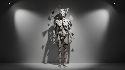 Geometric sculpture standing alone on a minimalist stage with dramatic spotlights