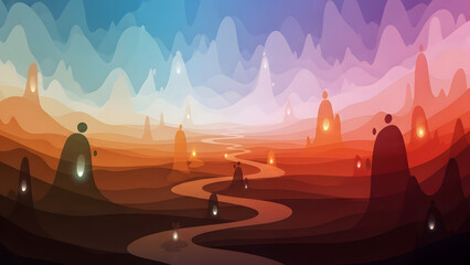 A serene landscape with winding path, glowing orbs, and majestic mountains at dusk from a high vantage point