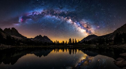 Night sky with stars and milky way over the mountains and lake