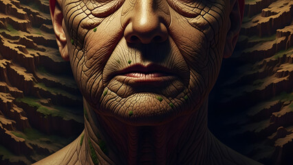 A serene face is depicted with eyes closed, surrounded by rugged rocky terrain, showcasing a blend of human and landscape elements in a unique illustration.