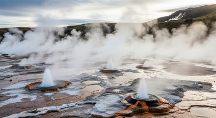 Geothermal area with hot springs and steam landscape environment
