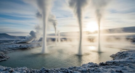 Winter landscape with geothermal vents rising from a pool of water