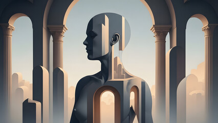 A futuristic humanoid figure stands within arches, surrounded by cityscape and abstract architecture, captured from a low-angle viewpoint, Whisk_24525fed13a790e9f484b02f2ba28f2bdr.png