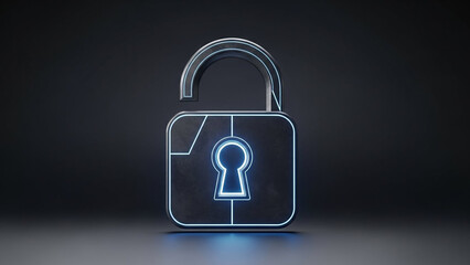 A glowing blue neon lock with a keyhole on a dark background
